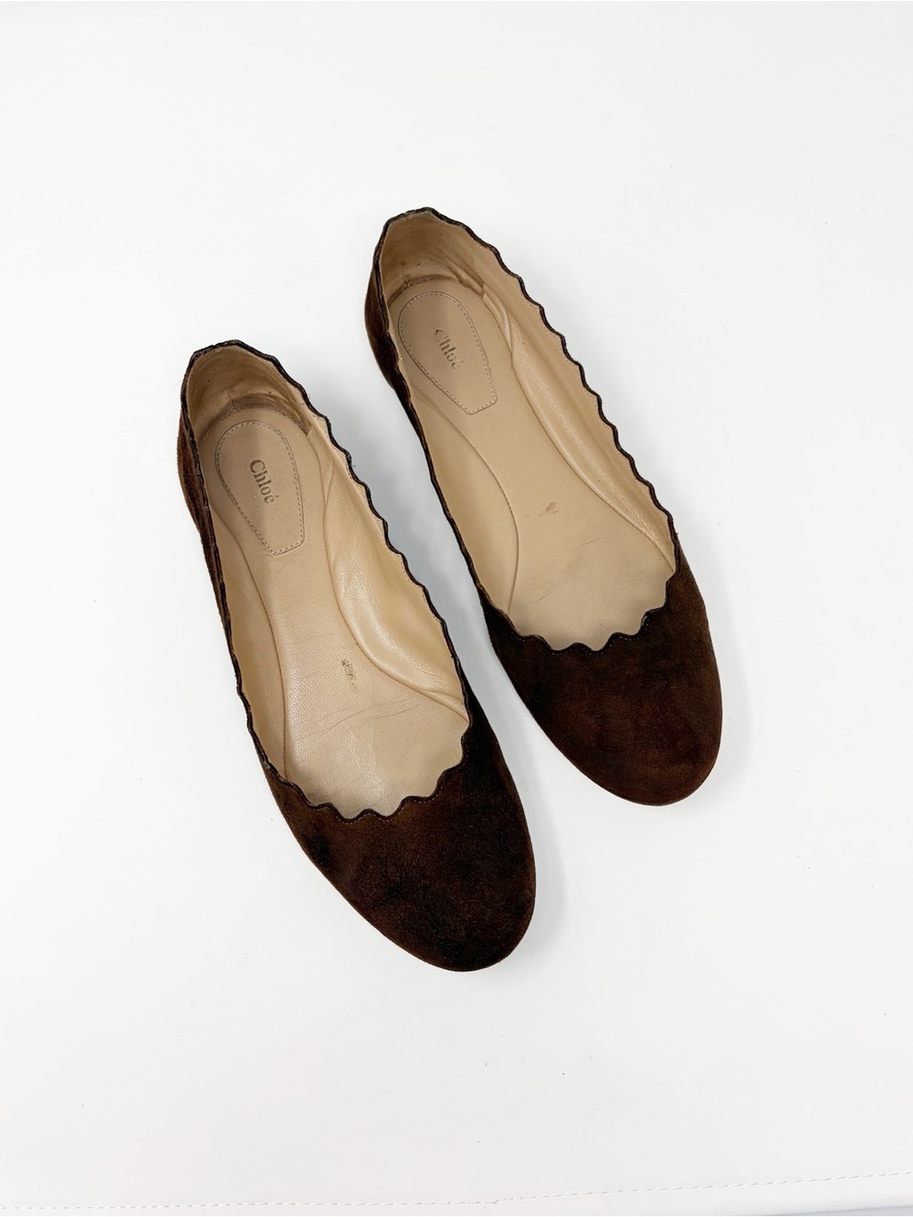 Chloe Scalloped-Edge Suede Ballet Flats in Dark Brown size 37.5